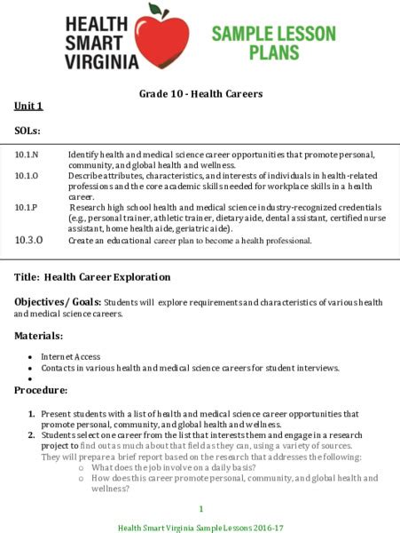 health career plan grade 10|Planning for a health career .